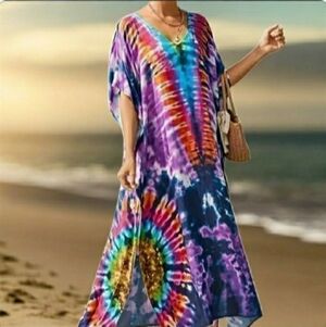 Kaftan Dress Swimsuit Coverup Tie Dye Loungewear V Neck 1X 💜 NEW